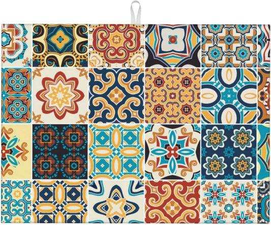 Talavera Mexican Tiles Dish Drying Mat 18x24 For Kitchen Counter Absorbent Microfiber Dishes Pad Dish Drainer Rack Mats Fast Dry Kitchen Accessories