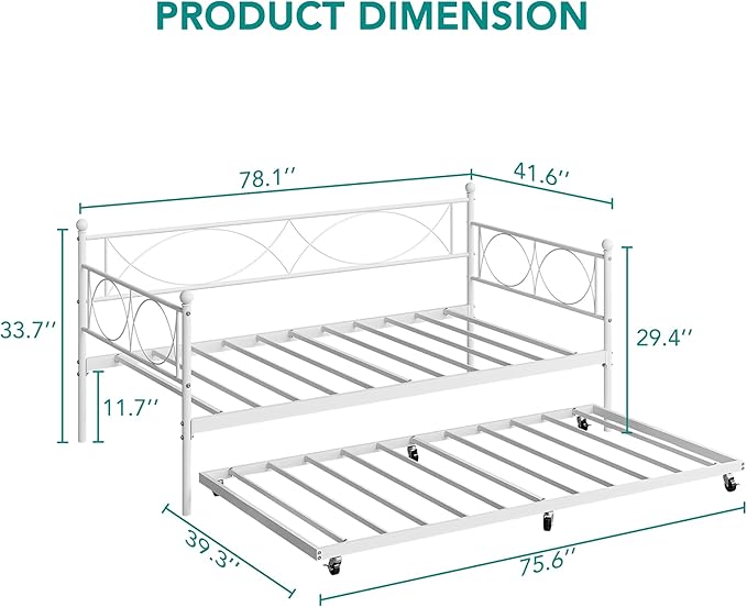 IDEALHOUSE Twin daybed with Trundle, Metal Twin Daybed and Trundle Set, Day Bed Sofa Bed Frame with Steel Slat Support, Multifunctional Daybed Frame for Bedroom (Modern - White)