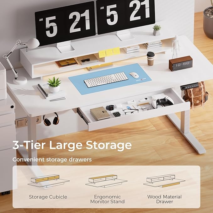 GTPLAYER Electric Standing Desk with Drawers, 55 x 24 Inch Height Adjustable Gaming Desk with Monitor Stand, Power Outlets & LED Lights, Home Office Sit Stand Up Desk with Memory Preset (White)