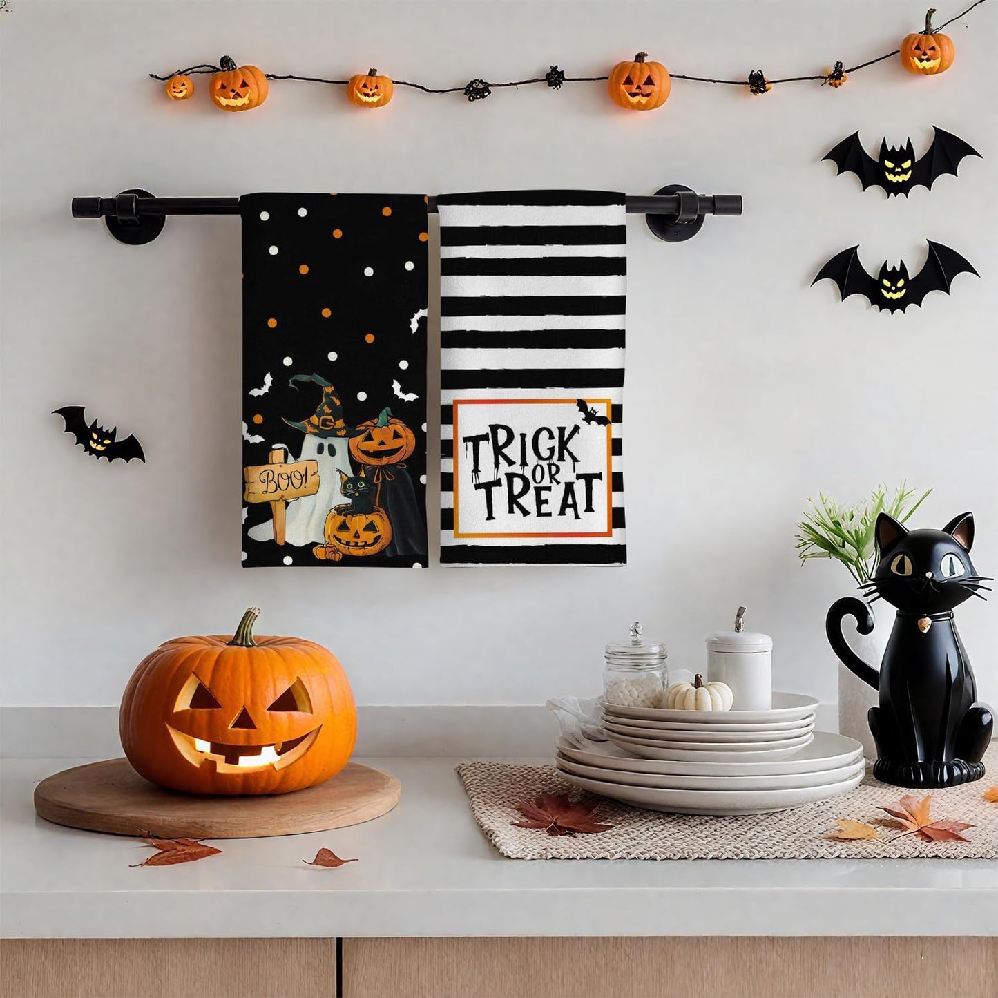 Ghost Pumpkins Cat Boo Halloween Kitchen Towels, Trick OR Treat Dish Towels, Holiday Home Indoor Bathroom Party Seasonal Decorations Hand Towels Set of 2, 18x26 Inch