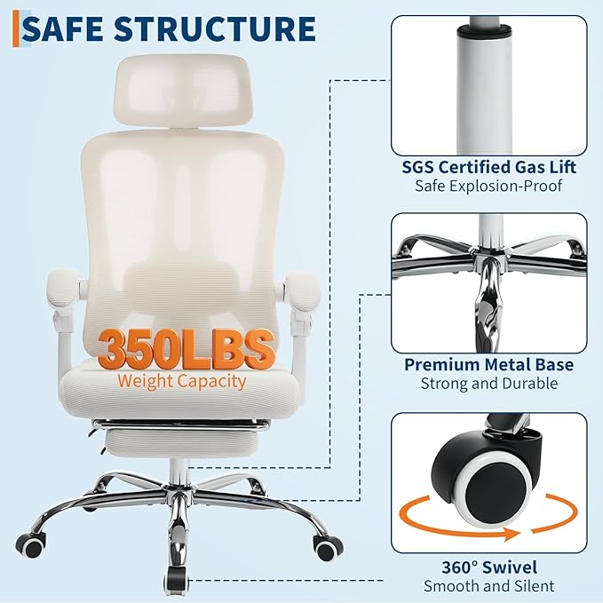 GarveeHome High Back Ergonomic Office Chair with Mesh Back, Retractable Footrest, Adjustable Headrest & Lumbar Support – Wide Computer Desk Chair with Wheels for Home Office or Bedroom, Beige