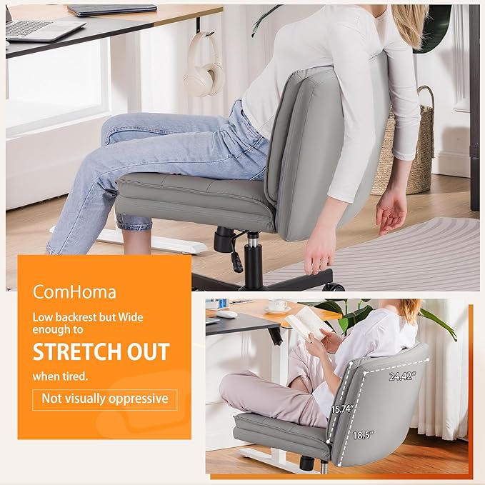 COMHOMA Cross Legged Office Chair with Wheels Armless Office Desk Chair, Modern Vanity Computer Task Chairs for Home Bedroom, Comfortable Wide Seat for Lower Back Pain Relief, PU Leahter, Gray