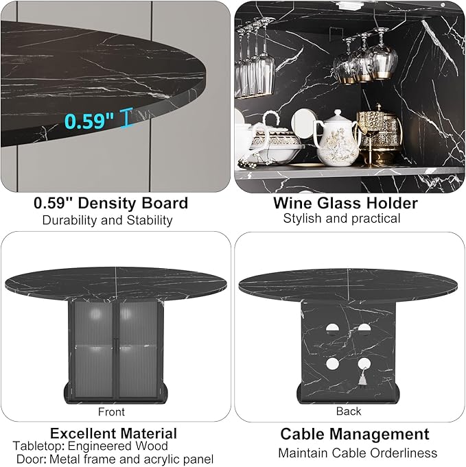IBF Black Round Dining Table with Fridge Space, 47" Faux Marble Dining Room Table for 4-6, Modern Kitchen Tables with Storage Shelf, Circle Wood Dinner Tables for Home, Black Marble, Only Table