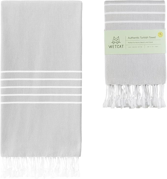 WETCAT Turkish Beach Towel Oversized (38"x71") 100% Turkish Cotton, Made in Turkey - Sand Free, Extra Large, Ultra Soft, Quick Drying, Compact & Lightweight for Travel - Grey
