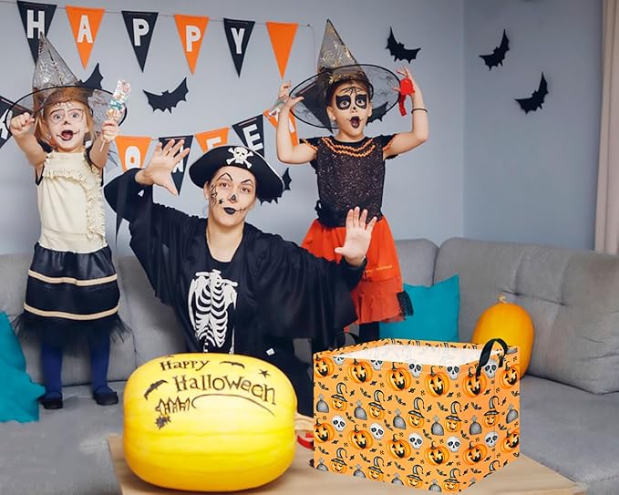 CLOCOR Rectangular Storage Basket Empty,Gift Basket for Halloween, Waterproof Storage Bin with Handles,Room Decor(Yellow Pumpkin)