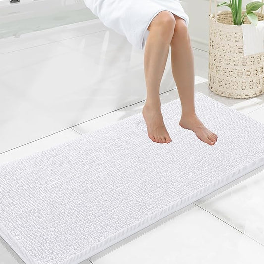 Smiry Luxury Chenille Bathroom Rugs 47x20, Extra Soft and Absorbent Shaggy Bath Mat, Machine Washable, Non-Slip Plush Carpet Runner for Tub, Shower, and Floor, Home Decor Accessories, White