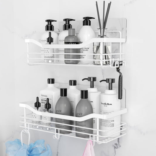 Orimade Shower Caddy Basket Shelf Storage Rack, No Drilling Wall Mounted Adhesive Rust Proof Stainless Steel Shower Organizer with 5 Hooks for Bathroom, White 2 Pack