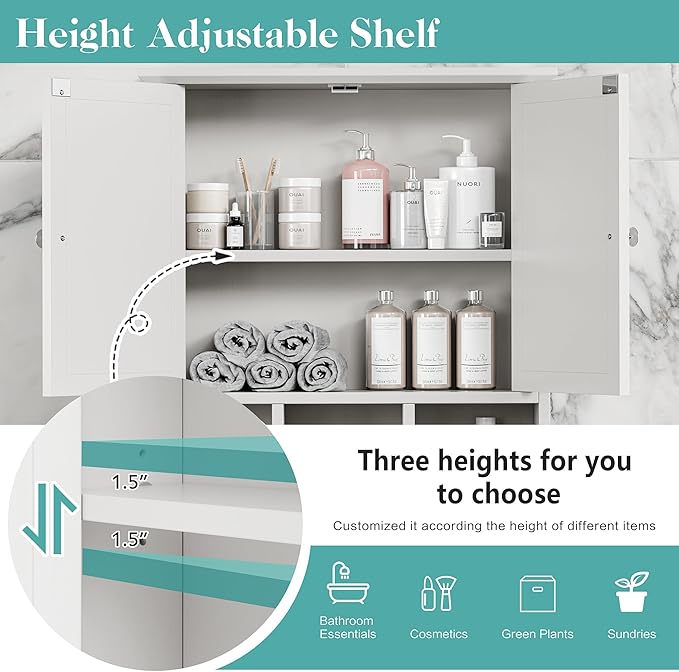 Meilocar Bathroom Wall Cabinet, Bathroom Cabinet Wall Mount with 2 Doors and 3 Open Shelves, Over The Toilet Wood Medicine Cabinets, White
