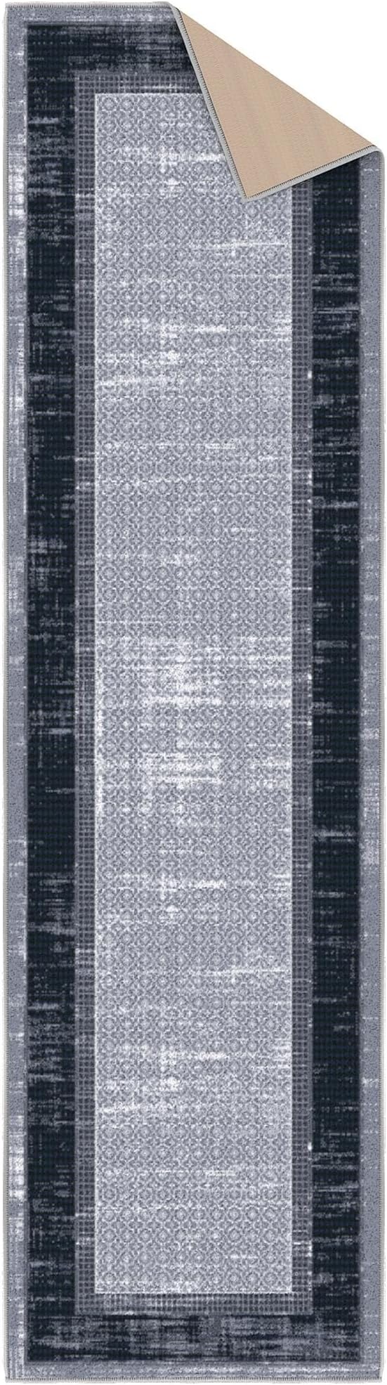 Ottomanson Hallway Runner Rug 1'10" x 7' Non Slip Border Area Rugs Easy to Clean Laundry Rug Runner Durable & Pet Friendly Floor Carpet Runners for Hallways Entryway Living Room Kitchen, Gray/Navy