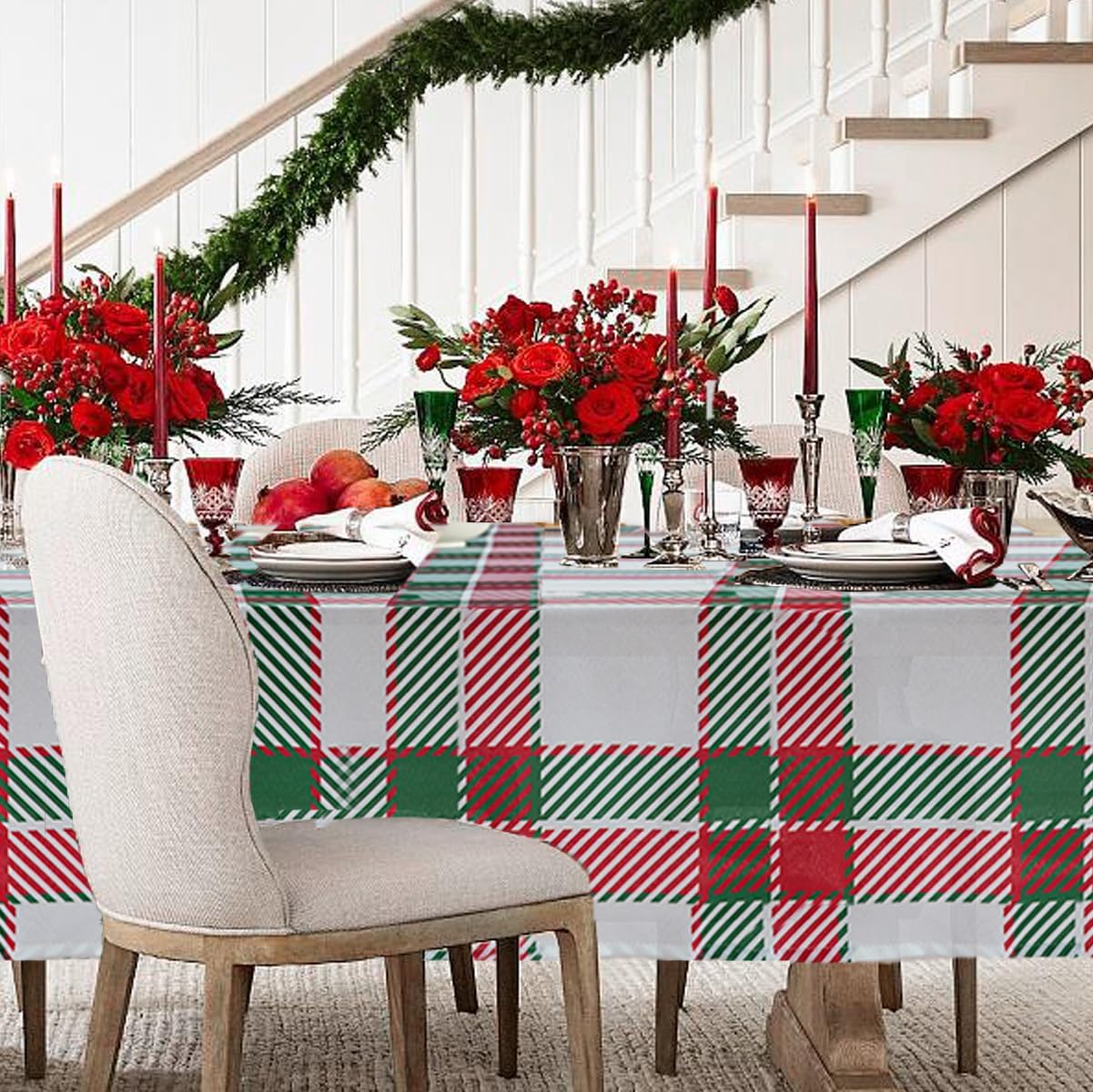 Jubilantex Tablecloth 108" inch Green and Red Plaid Waterproof Wrinkle-Free Washable Christmas Decoration Fabric Table Cover for Dining Outdoor Party Holiday Kitchen,60 x 108 inch