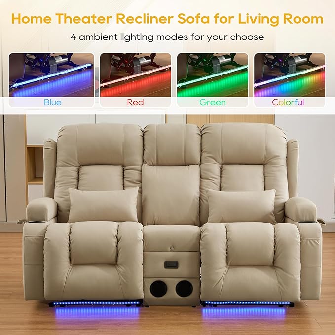 IPKIG 67" Power Reclining Loveseat Sofa, Electric Home Theater Seating with Console/4 Colors Ambient Lighting/Bluetooth Speakers/USB Ports/Built-in Outlets (Beige, Loveseat Recliner)