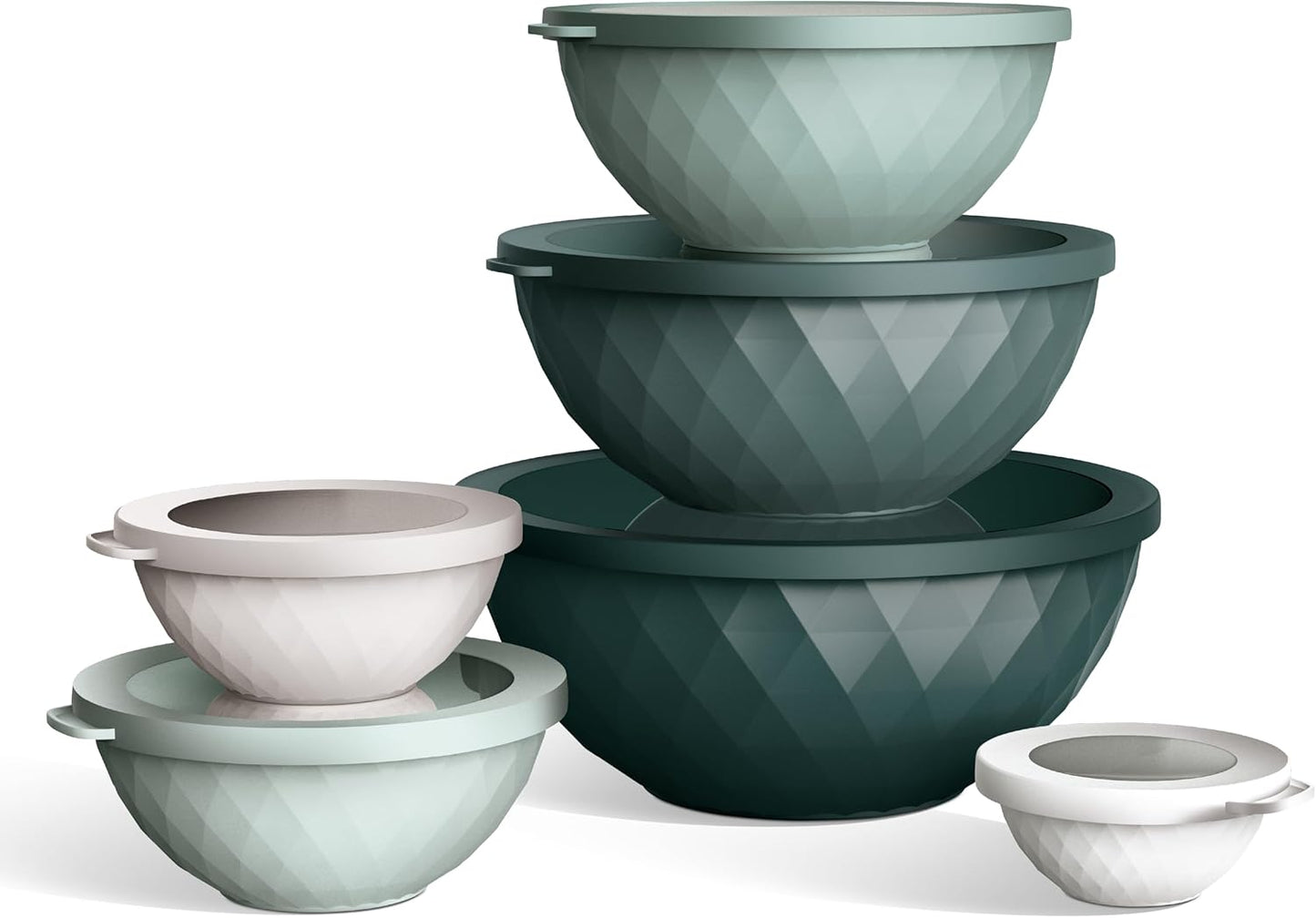 COOK WITH COLOR Mixing Bowls with Lids - 12 Piece Plastic Nesting Bowls Set includes 6 Prep Bowls and 6 Lids, Diamond Design - Microwave Safe, Green