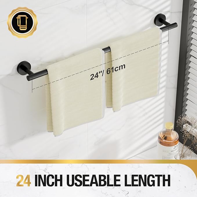 HITSLAM Matte Black 25.7 Inch Towel Bar for Bathroom, SUS304 Stainless Steel Bathroom Towel Rack Wall Mounted, Modern Home Decor Bath Towel Holder with Hardware Accessories
