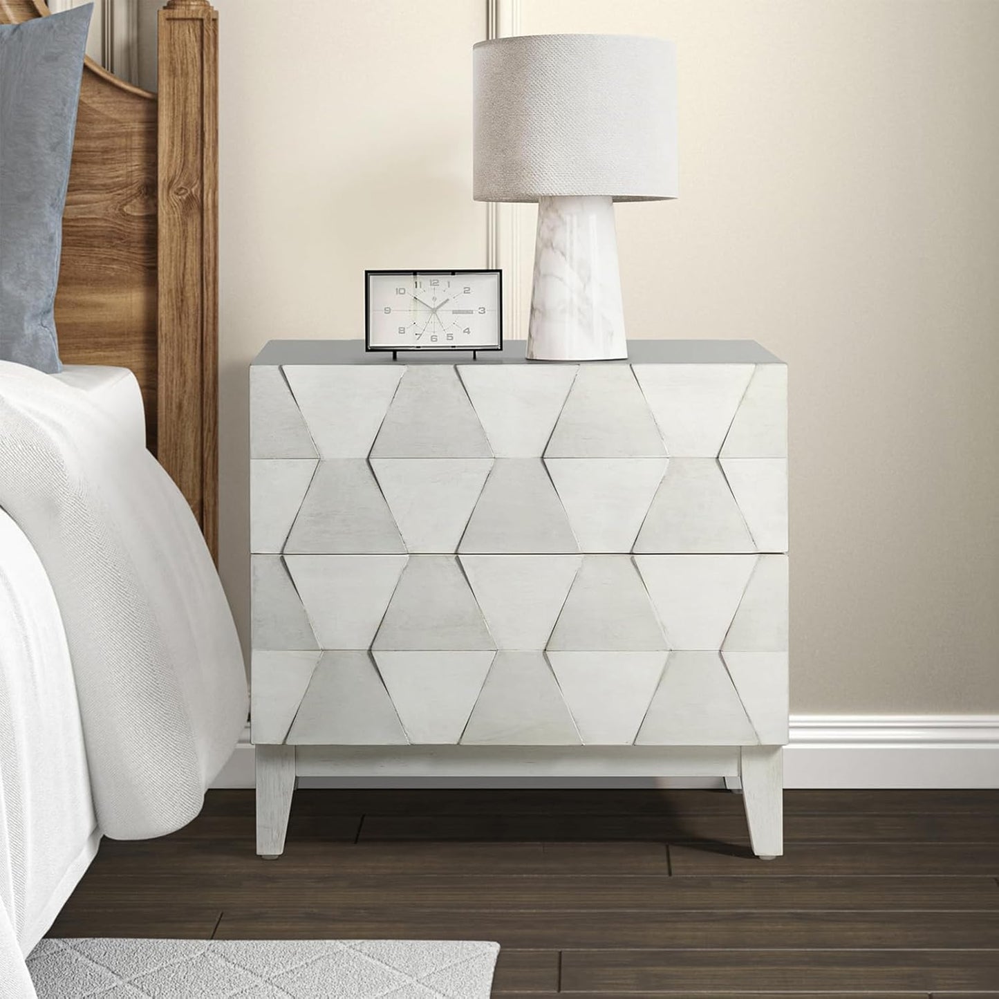 HULALA HOME Wood Nightstand with Charging Station 2 Drawer Dresser with Wooden Legs Mid Century Modern Bedside French Style End Table for Bedroom, White