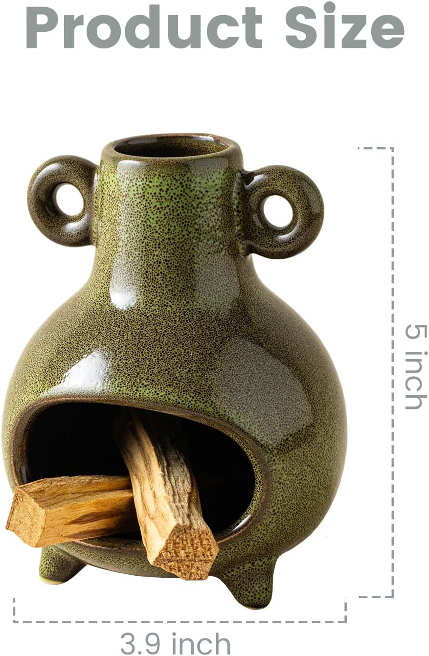 Ceramic Palo Santo Holder, Modern Incense Holder Burner for Sticks Sage Bundles Cone Incense, Chimenea Incense Dish for Meditation Decor, Green