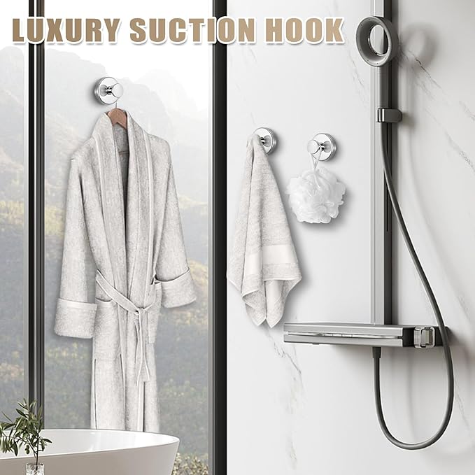 Suction Cup Hooks for Shower No-Drill Bathroom Hooks for Towels, Robes, Loofah Mountable on Bathroom Walls, Kitchen, Glass, Mirrors,Tile,Smooth Non-Porous Surfaces,Removable,4pcs,Chrome Polished
