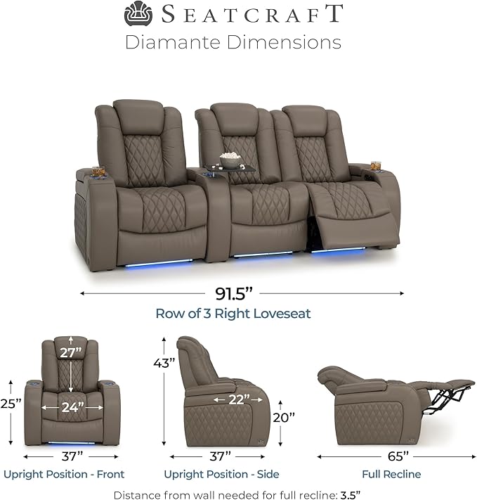 Seatcraft Diamante Zero-Gravity CoolZero Italian Leather Home Theater Seating, Power Headrest, Power Recline, Row of 3 Right Loveseat, Gray
