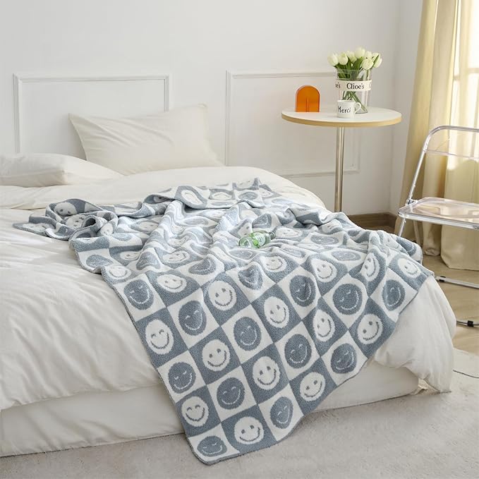 YIRUIO with Smiley Faces Checkerboard Throw Blankets Checkered Reversible Microfiber Super Soft Warm Cozy Fluffy Shaggy Blanket for Home Office Couch Bed Sofa Decor (Slate Gray)