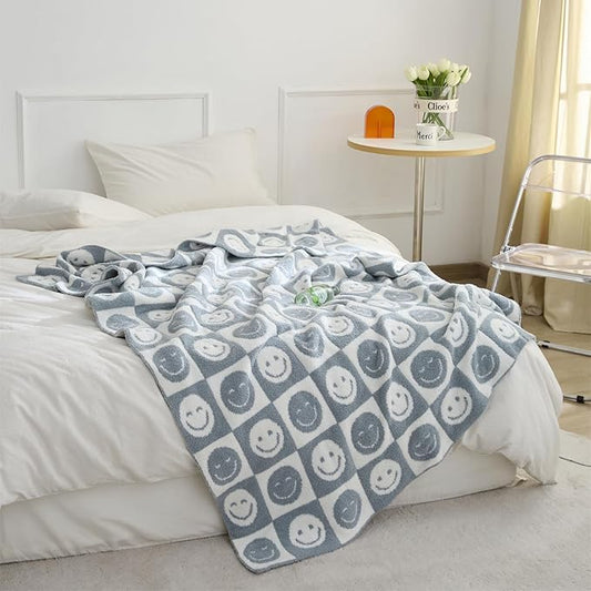 YIRUIO with Smiley Faces Checkerboard Throw Blankets Checkered Reversible Microfiber Super Soft Warm Cozy Fluffy Shaggy Blanket for Home Office Couch Bed Sofa Decor (Slate Gray)