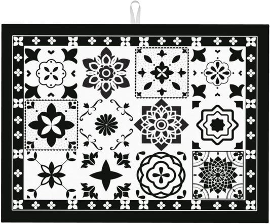 Retro Black Pattern Dish Drying Mat 18x24 For Kitchen Counter Absorbent Microfiber Dishes Pad Dish Drainer Rack Mats Fast Dry Kitchen Accessories