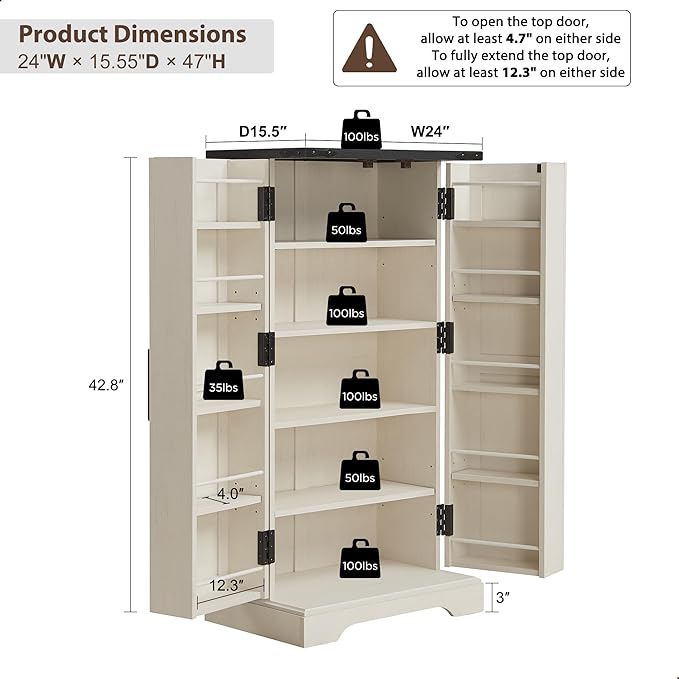 47" Kitchen Pantry, Farmhouse Storage Cabinet with Barn Doors, Organizer and Adjustable Shelves, Rustic Wood Cupboard for Kitchen, Dining Room, Bathroom and Hallway, Off White