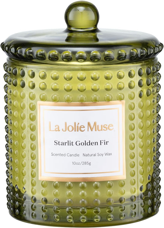 LA JOLIE MUSE Christmas Candles, Starlit Golden Fir Candle - Cedarwood, Patchouli, Fir Balsam | 10 oz Natural Soy Wax | 55 Hours Clean Burn |Winter Holiday Gift | Gift-Ready for Hosts & Gatherings