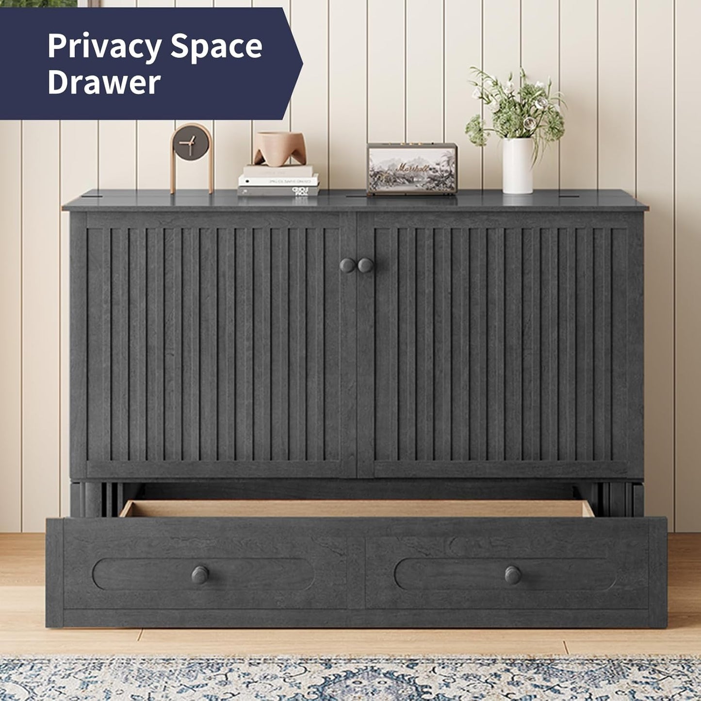 ijuicy Murphy Bed Queen Size with Foam Mattress, Side Storage Board, Cabinet Bed with Charging Station Large Storage Drawer for Space-Saving Room, Foldable Hideaway Bed Queen-Grey