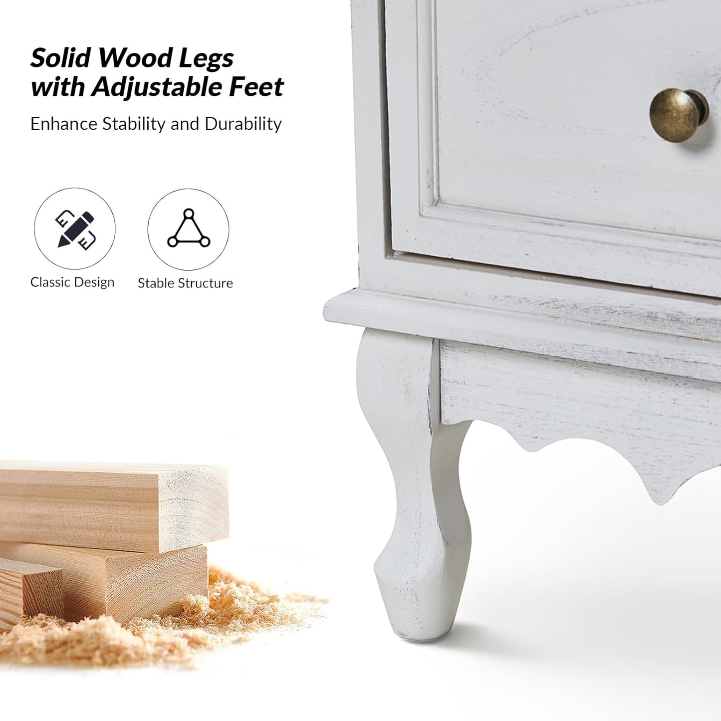 HULALA HOME 3-Drawer Nightstand with Charging Station, Drawer Organizer with Wood Legs, Farmhouse Solid Wood Nightstand Set of 2(White)