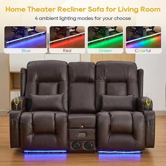 IPKIG 67" Power Reclining Loveseat Sofa, Electric Home Theater Seating with Console/4 Colors Ambient Lighting/Bluetooth Speakers/USB Ports/Built-in Outlets (Brown, Loveseat Recliner)