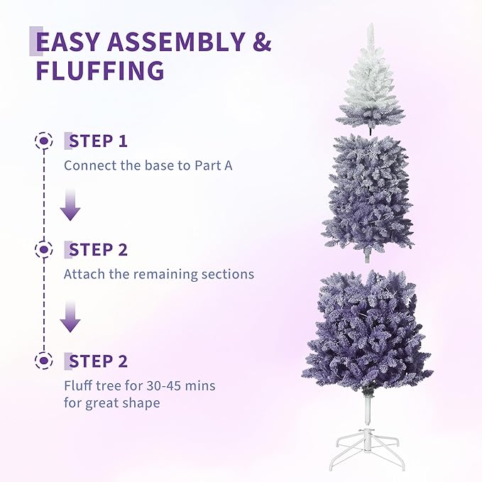 GarveeHome 7.5ft Snow Flocked Pencil Christmas Tree, Slim Artificial Christmas Tree with Sturdy Metal Stand, Skinny Xmas Tree Holiday Decoration for Home, Office, Purple Gradient
