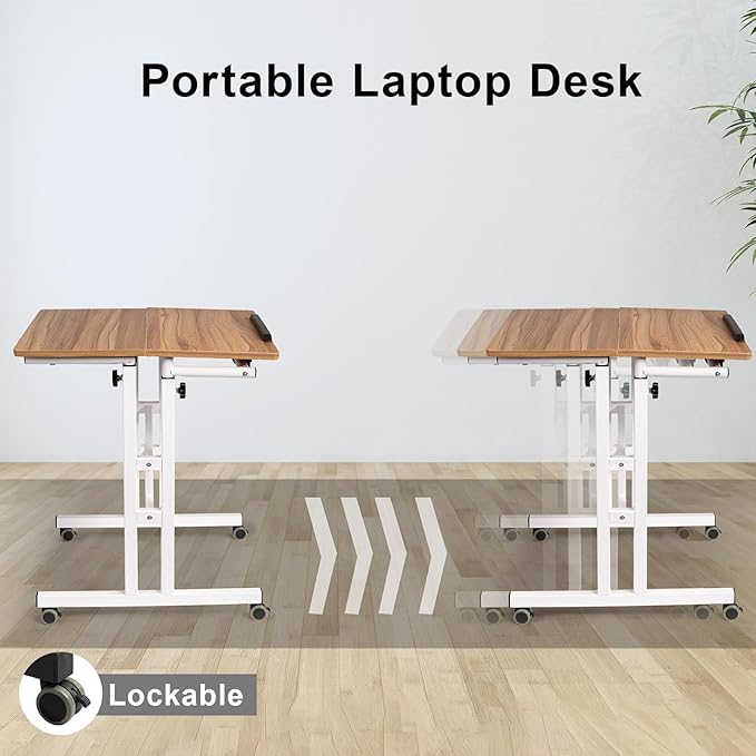 Hadulcet Mobile Standing Desk with Charging Station, Adjustable Standing Computer Desk, Standing Adjustable Laptop Cart with Wheels for Home Office Classroom Vintage Oak