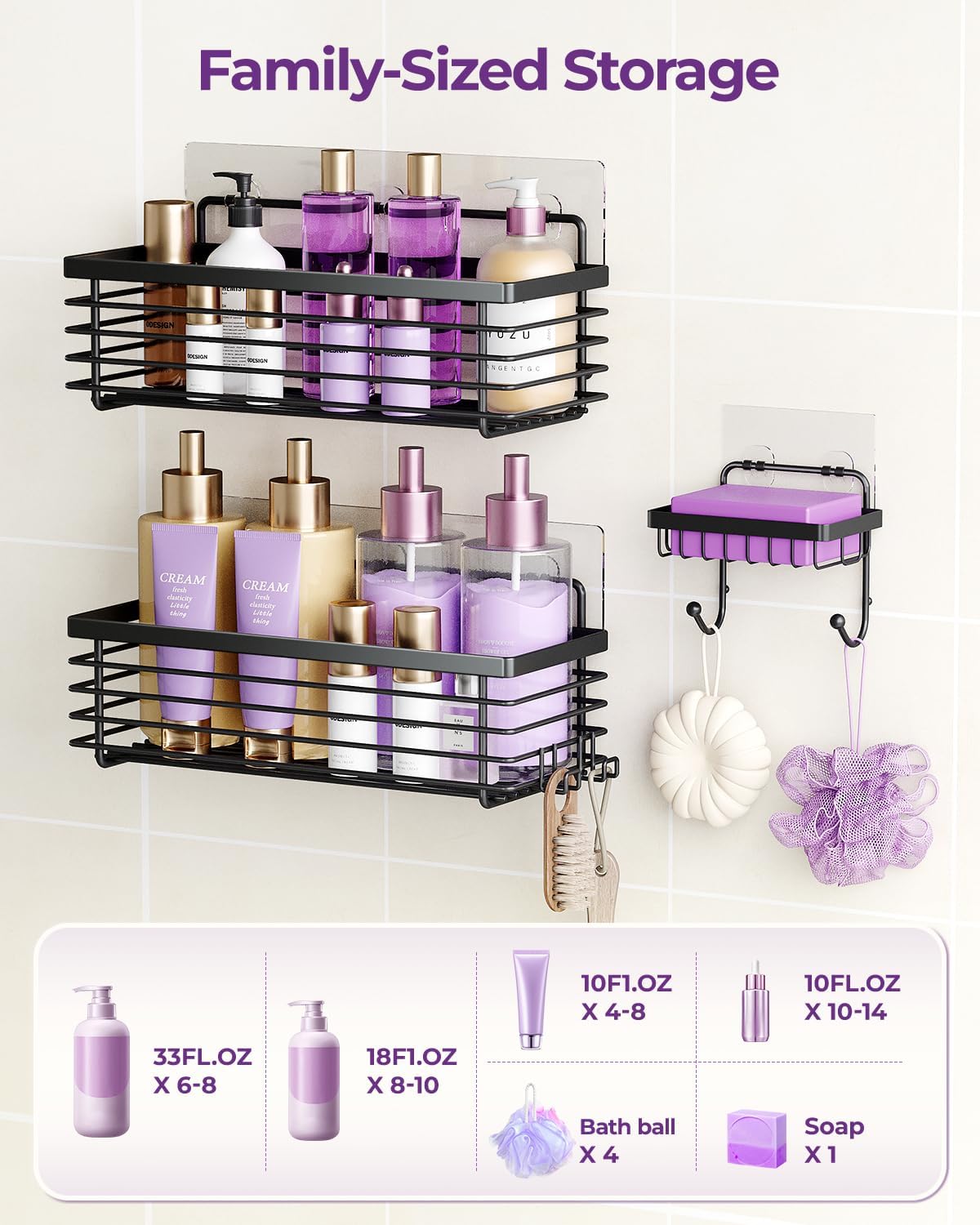 ODesign Shower Caddy 3 Pack SUS304 Stainless Steel-No Drilling-Shower Bathroom Shelves Rack,Rustproof Wall Mounted,Adhesive Shower Shelf Basket Organizer-Black