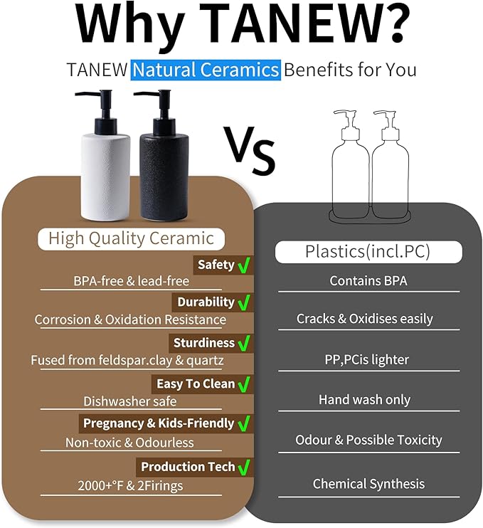 TANEW 2-Pack Black & White Ceramic Hand Soap Dispenser Set 12oz Refillable for Essential Oil, Dish Soap or Lotion - Countertop Soap Dispensers for Bathroom, Sink, Kitchen
