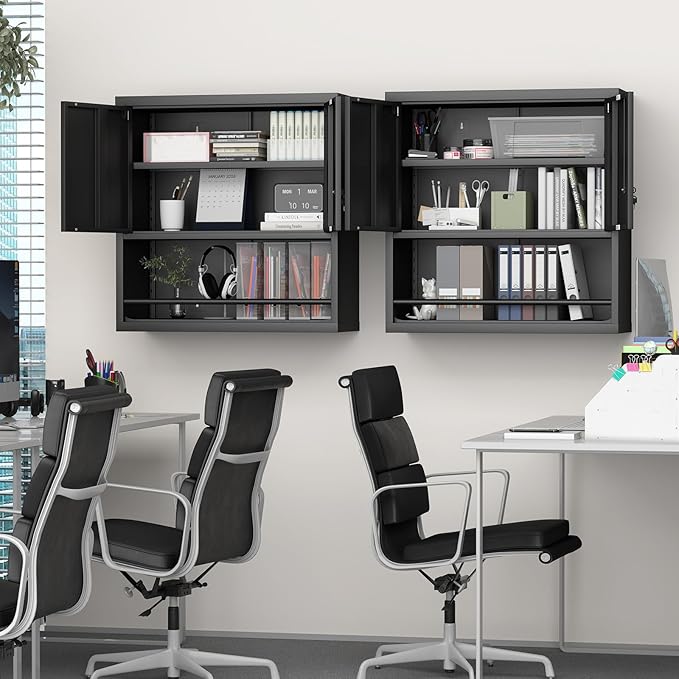 LUCYPAL Garage Storage Cabinet with Locking Doors and Shelves,Black Metal Wall Cabinets for Garage,Floating Upper Storage Cabinet for Warehouse/Basement/Kitchen/Home Office