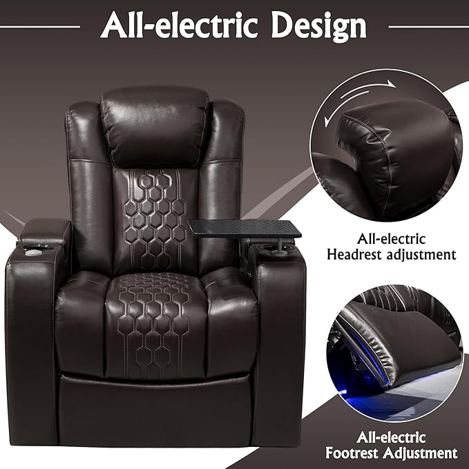 Home Theater Seating, Living Room, Powered Headrest, Powered Lumbar, Italian Leather, Powered Recline, Single Recliner (Coffee Color, Row of 1)