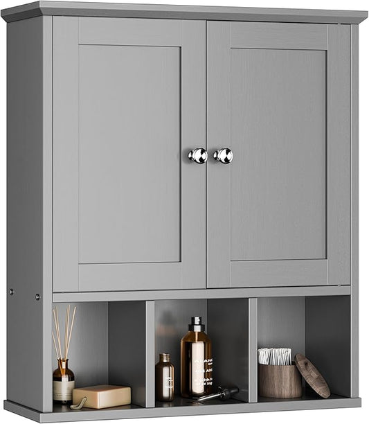 Meilocar Bathroom Wall Cabinet, Bathroom Cabinet Wall Mount with 2 Doors and 3 Open Shelves, Over The Toilet Wood Medicine Cabinets for Laundry Room, Grey