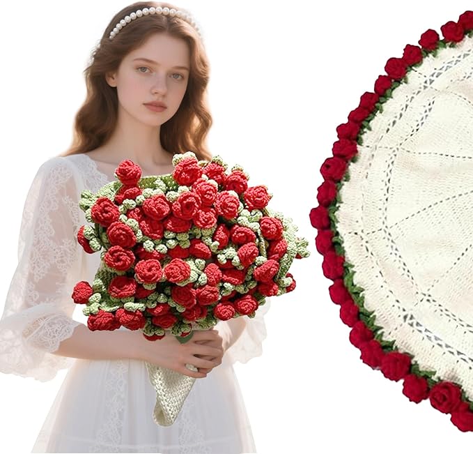 Handmade Crochet Flower Bouquet Blanket - Soft Lightweight Knit Throw for Birthday Wedding Valentines, Ready-to-Use Home Decor Gift (Red, 31in)