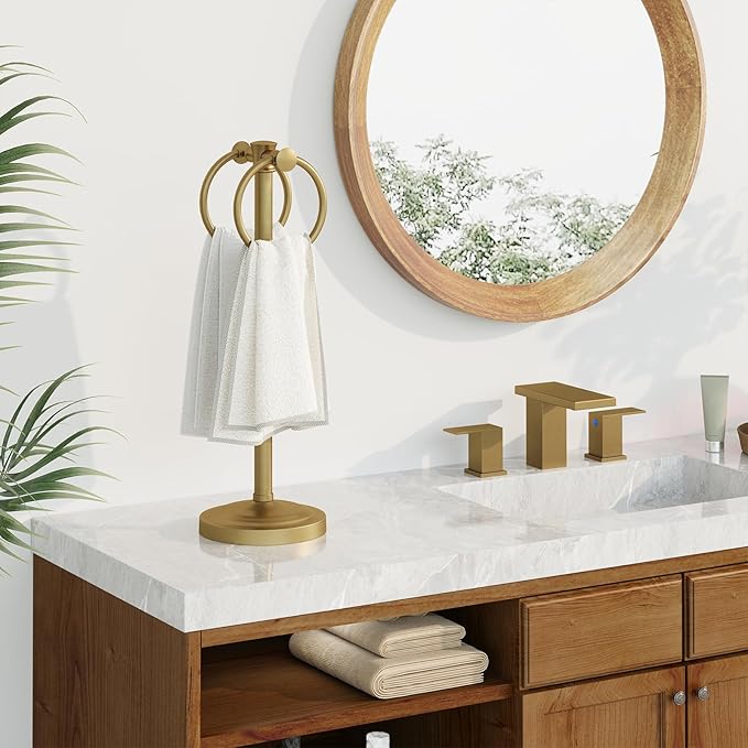 Hoimpro 17" Brushed Gold Free Standing Towel Rack Bracket, Double Towel Ring Hand Towel Stand Holder, Bathroom Hardware Accessories Set Towel Bar for Bathroom Vanities and Kitchen Countertops