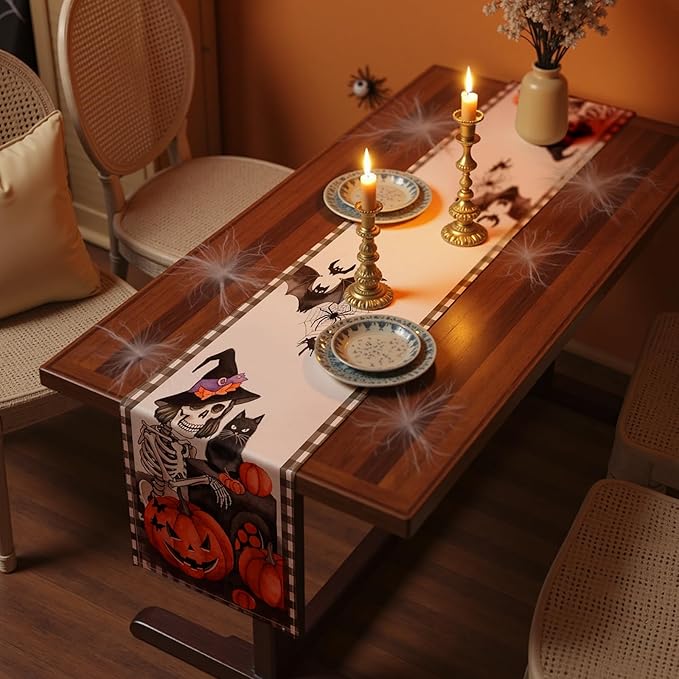 Halloween Table Runner with Spooky Skeletons, Black Cats & Pumpkins, Table Decoration for Dining Party and Home Decor,72x13 inches