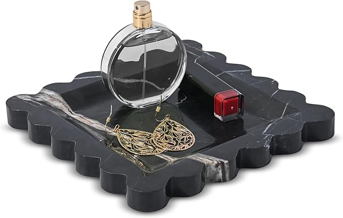 Marble Home Accessory Tray, Elegantly Designed Multi-Purpose Tray, Decorative and Versatile for Living Room, Bathroom, Office, Kitchen (Black Marquina)