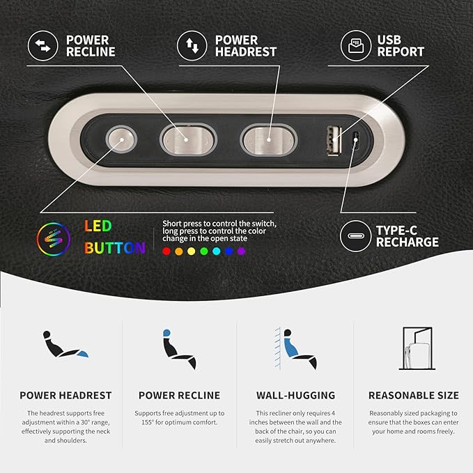 Home Theater Seating Seats, Game Movie Theater Chairs Theater Recliner Sofa with 7 Colors Ambient Lighting, Lumbar Pillow, Side Pocket, Tray Table, Power Recline, Black