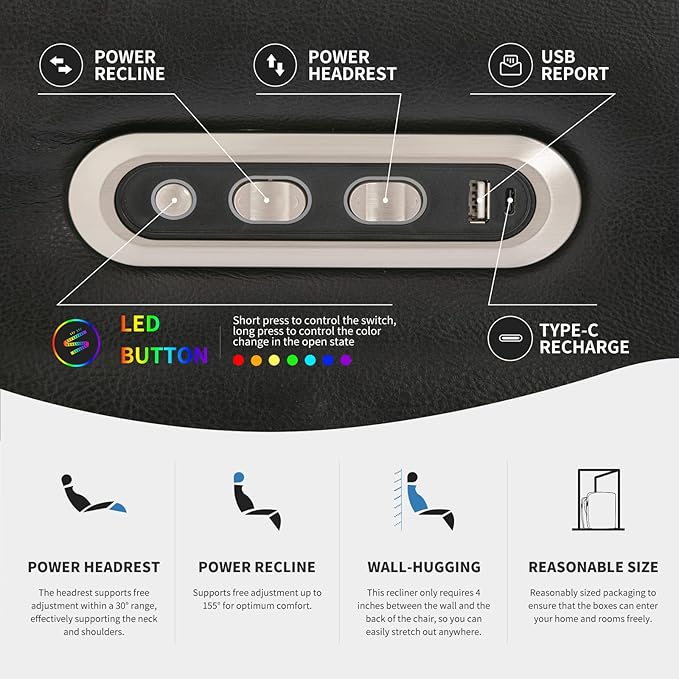 Home Theater Seating Top Grain Leather, Movie Theater Chairs Theater Recliner Sofa with Dual Power Ergonomic Design 7 Colors Ambient Lighting Tray Table Type-C USB Charge (Black, Row of 5)