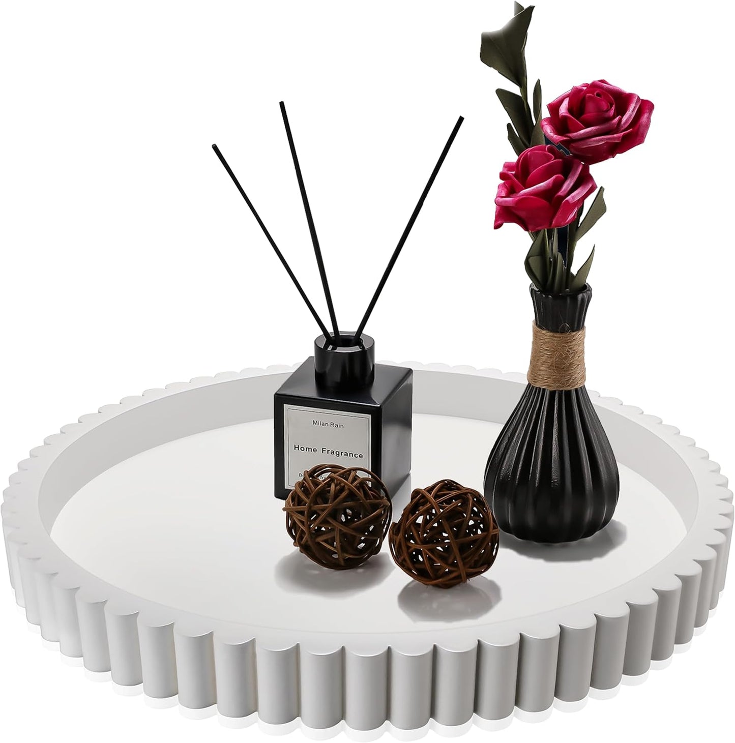 Handmade 12in Decorative Tray for Coffee Table Tray Decor, White Wooden Decorative Round Tray for for Coffee Table, Dining Room Table Entryway and Living Room Table