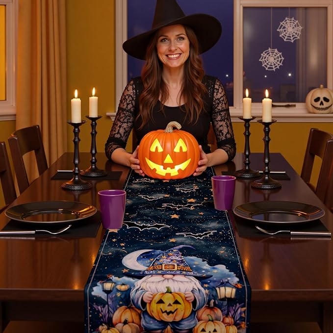 Halloween Table Runner with Gnomes, Bats & Pumpkins, Table Decoration for Dining Party and Home Decor,108x13 inches