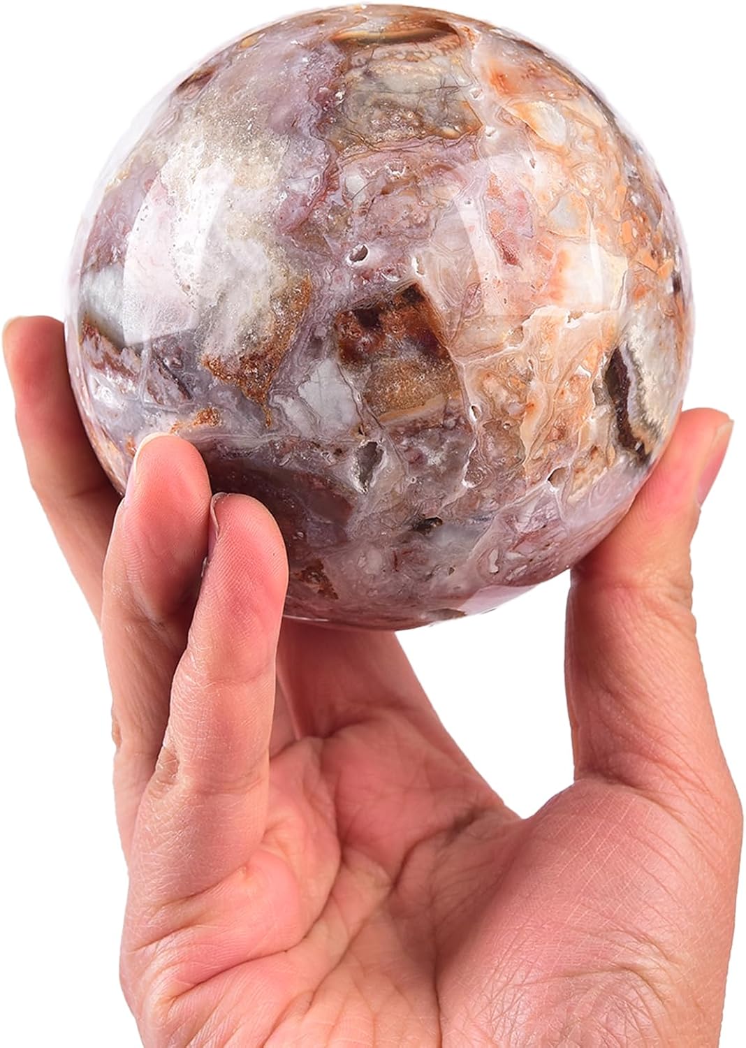 JIC Gem Natural Striped Agate Crystal Sphere with Wooden Stand Decorative Crystal Ball Healing Gemstone Sphere for Meditation Feng Shui Witch-Style Decor70-80mm