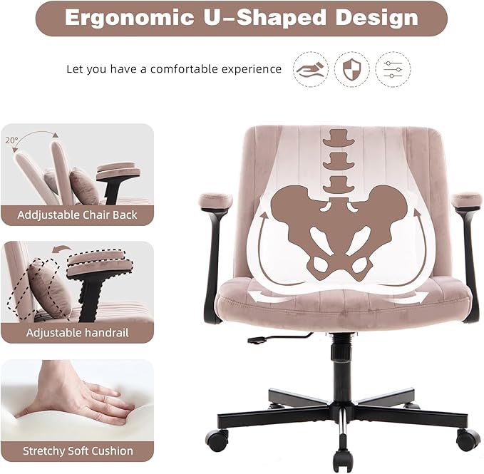 Furnimart Criss Cross Desk Char Wide Seat with Wheels and Arms, 360° Swivel Cross Legged Desk Chair Thick Cushion, Velvet Comfy Armless Home Office Chair for Bedroom, Vanity, Sturdy (Light Pink)