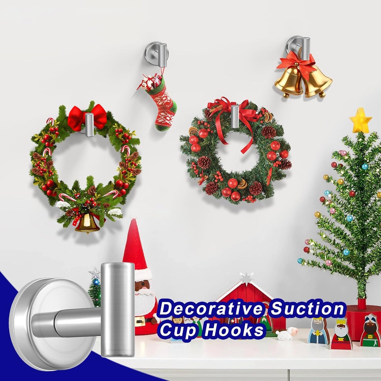 Suction Cup Hooks for Shower, Shower Hooks for Hanging Towels, Robes, Bath Balls, Stainless Steel Towel Hooks for Bathroom Wall, Glass Door, Kitchen, Mirror, Tile (2 Pack，Silver)