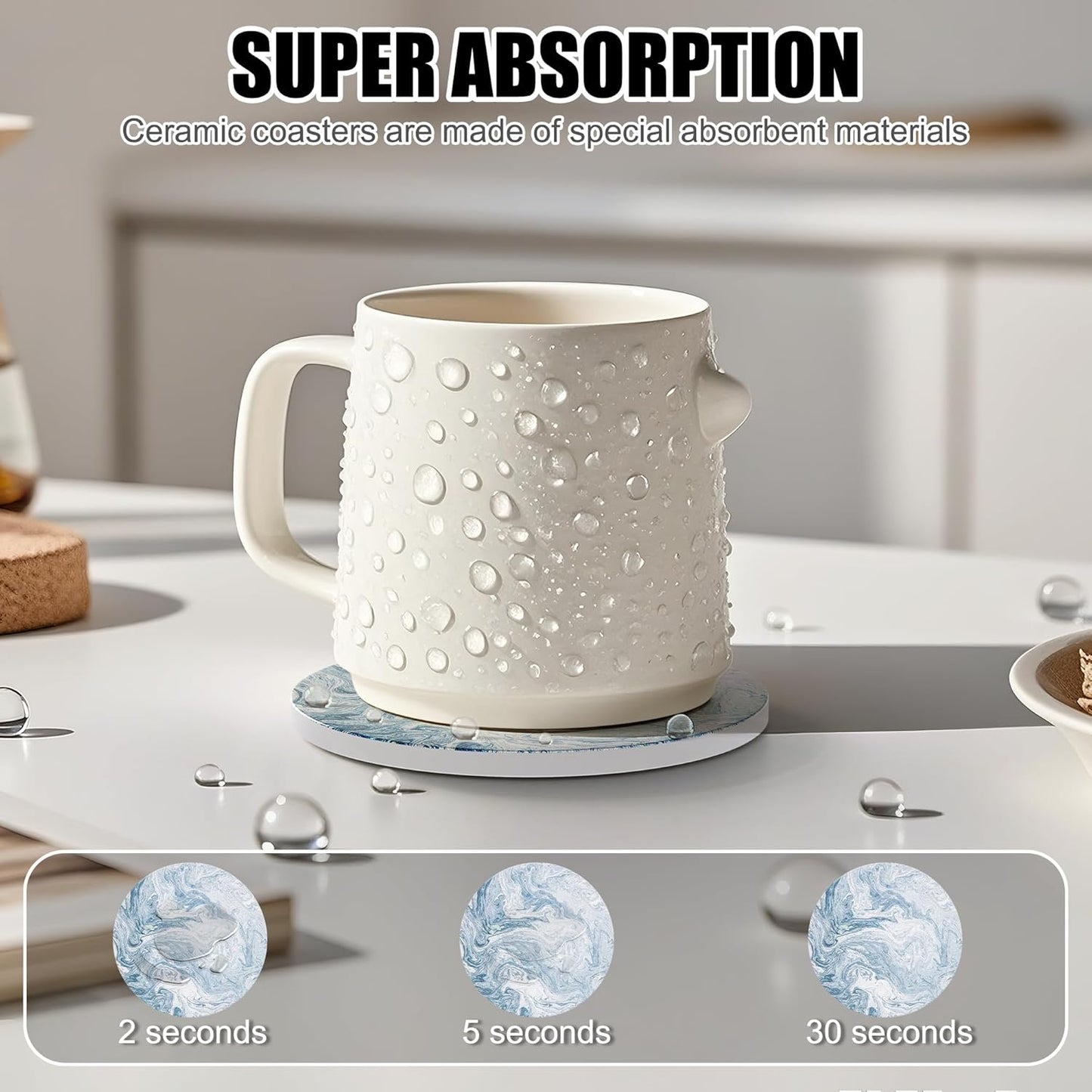 Coasters for Drinks Set of 4, Absorbent Abstract Light Blue Marble with Metal Golden Holder, Ceramic Coaster Set Cup Mat for Home Decor, Bar, Kitchen, Party