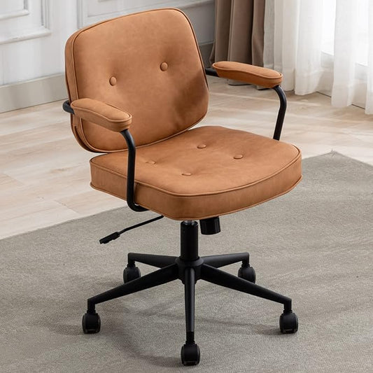 LukeAlon Adjustable Pu Leather Office Chair, Comfy 360° Swivel Task Chair with Armrest Modern Thickened Seat Desk Chair Tiltable Computer Chair with Button Tufted for Home Office, Light Brown