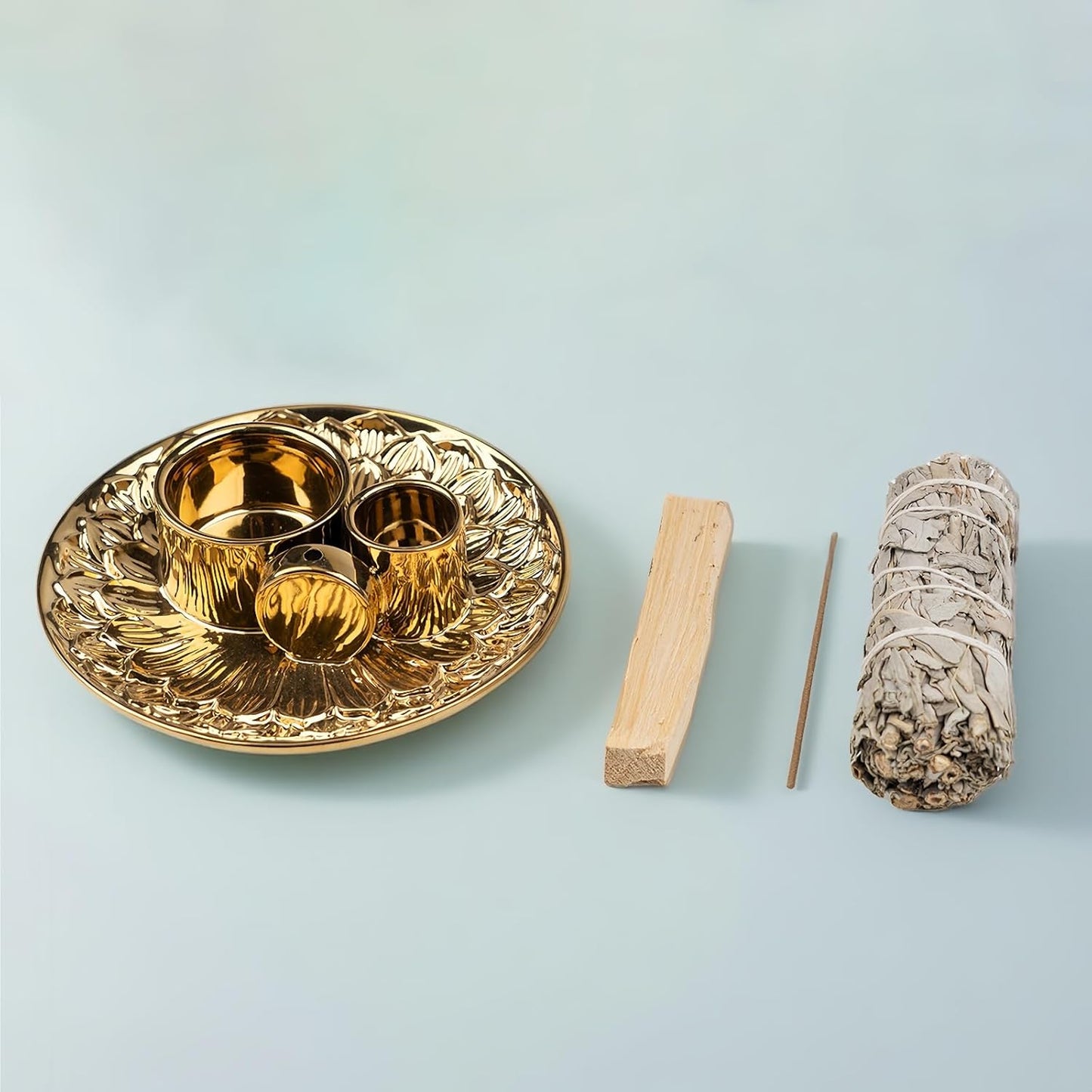4 in 1 Incense Holder, Ceramic Incense Stick and Palo Santo Holder,Sage Holder for Burning- 5.5" Ceramic Ash Catcher Tray for Meditation and Yoga Room (Golden)